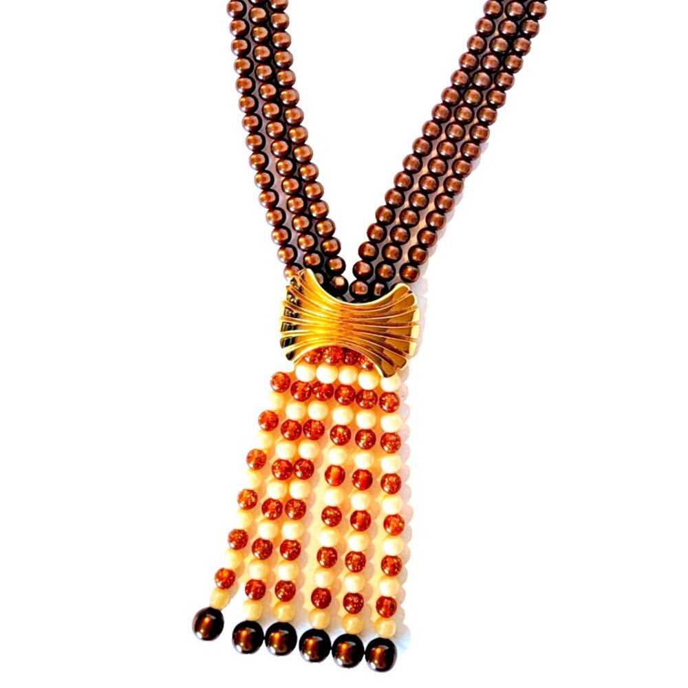 1970s-80s Ellelle of Italy Waterfall Necklace Fall Colors Lucite Beads Gold Tone